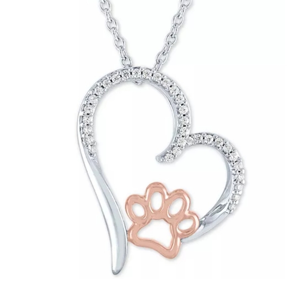 Sterling Silver Necklace Diamond Encrusted Heart & 14k Rose Gold Paw Pendant NWT - Picture 12 of 16